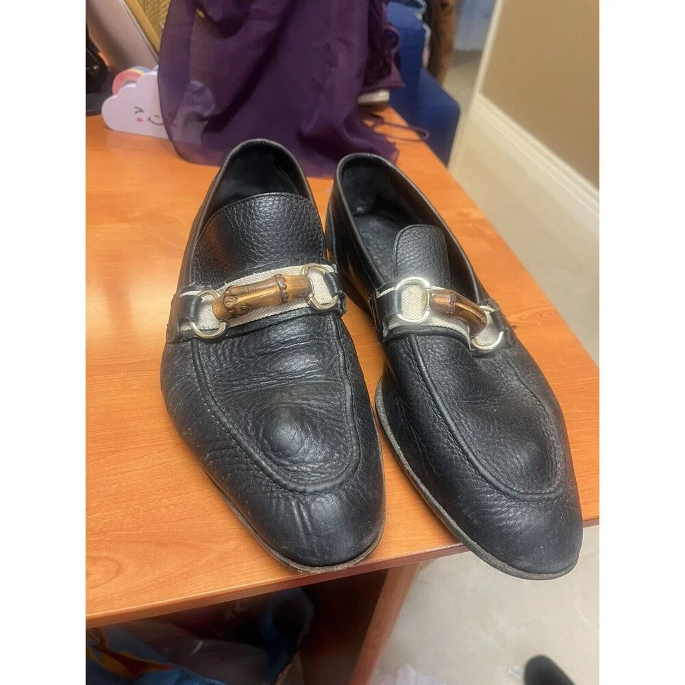 $820 Mens Black Leather‎ Gucci Bamboo Bit Loafers Sz 8.5 US Made In ITALY